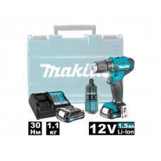 Аккум. дрель-шуруповерт MAKITA DF 333 DWYE в чем. + набор бит (12.0 В, 2 акк., 1.5 А/ч Li-Ion, 2 скор., 30 Нм, шурупы до 8 мм)